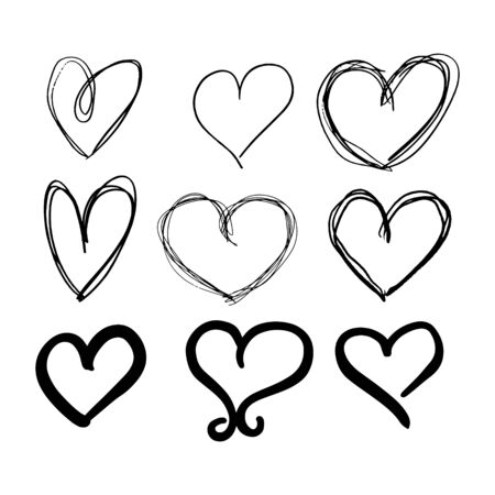 Set of nine hand drawn heart. Handdrawn rough marker hearts isolated on white background. Vector illustration for your graphic designのイラスト素材