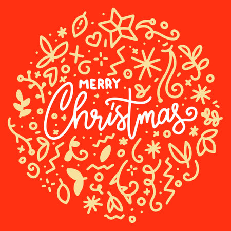 Merry Christmas Greeting Card with Handdrawn Lettering and Elements. Xmas card. Winter background. Holiday Happiness. Trend design decorations and posters. Vector Illustration EPSのイラスト素材