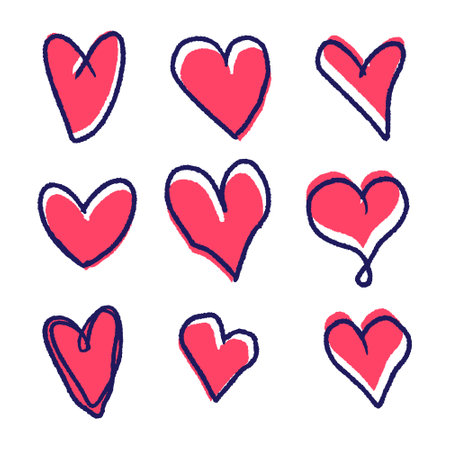 Set of nine hand drawn heart. Handdrawn rough marker hearts isolated on white background. Vector illustration for your graphic designのイラスト素材