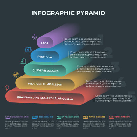 Pyramid 3D info chart graphic for business design. Reports, step presentations in cone shape with icons and description beneath. - Vector EPSのイラスト素材