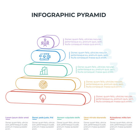 Pyramid 3D info chart graphic for business design. Reports, step presentations in cone shape with icons and description beneath. - Vector EPSのイラスト素材
