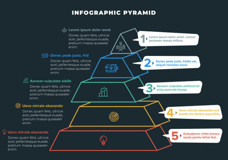 Pyramid 3D info chart graphic for business design. Reports, step presentations in cone shape with icons and description beneath. - Vector EPSのイラスト素材