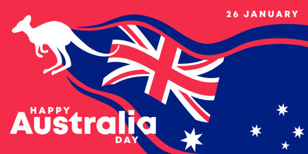 Happy Australia Day. Kangaroo silhouette on Australia flag background. Vector illustration.のイラスト素材