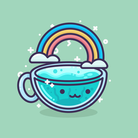 Cute kawaii cup of tea with rainbow. Vector illustration.のイラスト素材