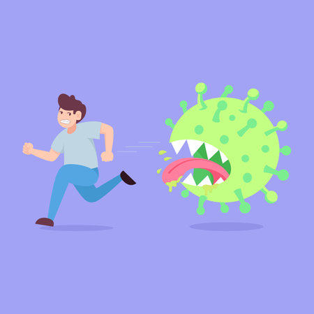 Man running away from virus. Vector illustration in flat cartoon style.のイラスト素材