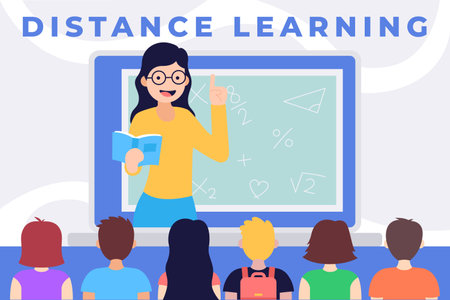 Distance learning concept. Female teacher teaching students. Vector illustration in flat styleのイラスト素材