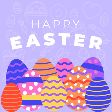 Happy Easter greeting card with colorful eggs. Vector illustration in flat styleのイラスト素材