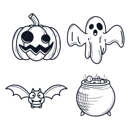 Halloween icon set. Vector illustration in black and white colors.のイラスト素材
