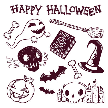 Vector set of Halloween hand drawn doodle icons and symbols.のイラスト素材