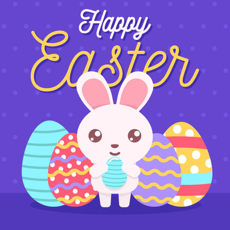 Happy Easter card with cute bunny and colorful eggs. Vector illustration.のイラスト素材