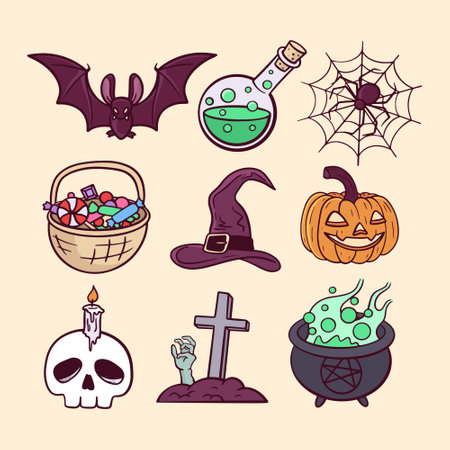 Halloween doodle icons set. Vector illustration in sketch styleのイラスト素材