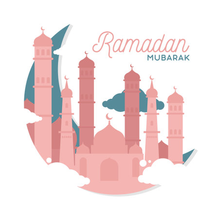 Ramadan Kareem greeting card with mosque in flat style. Vector illustrationのイラスト素材