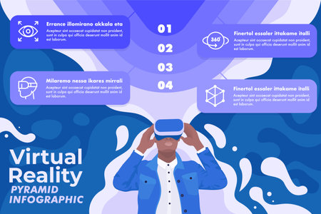 Virtual reality infographics with man wearing virtual reality glasses. Vector illustrationのイラスト素材