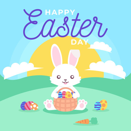Happy Easter greeting card with cute bunny and basket of eggs. Vector illustrationのイラスト素材