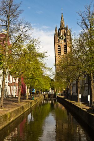 Dutch city of Delft with its canals and Old Church Oude Kerkの写真素材