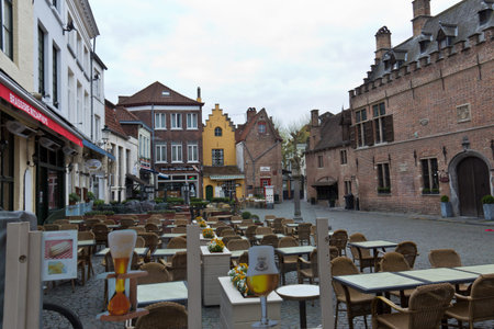 Typical European patios on quiet town square in Brugesのeditorial素材