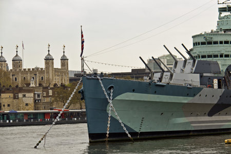 HMS Belfast a Royal Navy light cruiser on the River Thames in London, Englandのeditorial素材