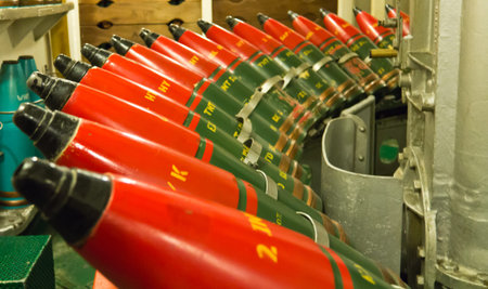 Row of naval artillery deck gun shells