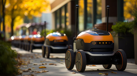 Electric lawnmower in the city. Selective focus, shallow depth of field.の素材