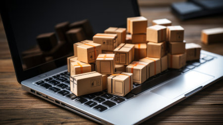 Boxes on laptop keyboard. Logistics and transportation concept. Selective focus.の素材