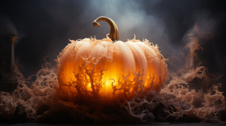 Halloween pumpkin with fire and smoke on dark background. 3d illustrationの素材