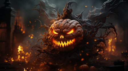 Scary halloween pumpkin with burning eyes and mouth in front of spooky backgroundの素材