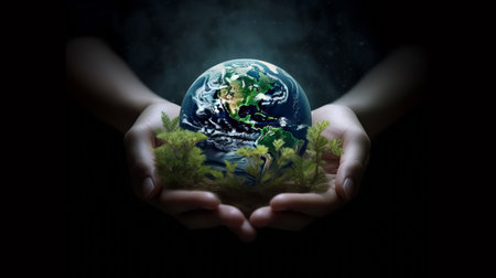 Close up of human hands holding Earth planet.の素材
