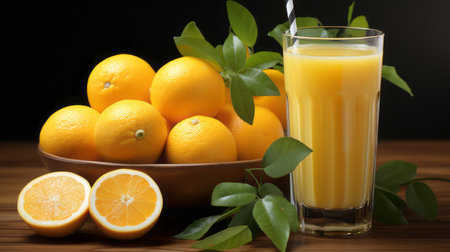 Delicious glass of orange juice, next to orange fruitsの素材