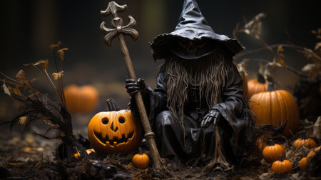 Halloween witch next to a pumpkinの素材