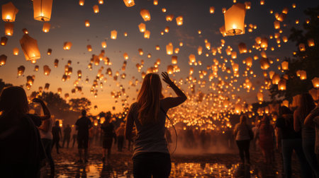 Multiple lanterns thrown into the night at the Diwali festivalの素材