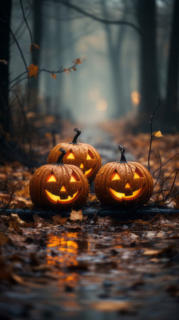 Halloween pumpkins in the forest. scary halloween backgroundの素材