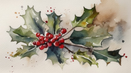 Watercolor painting of holly berry branch with red berries.の素材