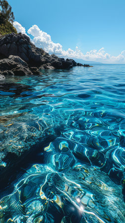 Beautiful seascape on a sunny day. Blue water of the Mediterranean sea.の素材