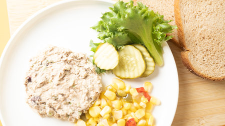 Tuna salad with bread and vegetables on white plate - Healthy food styleの写真素材