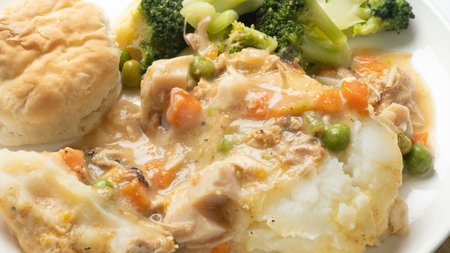 Chicken Stroganoff with mashed potatoes and vegetables, close-upの写真素材