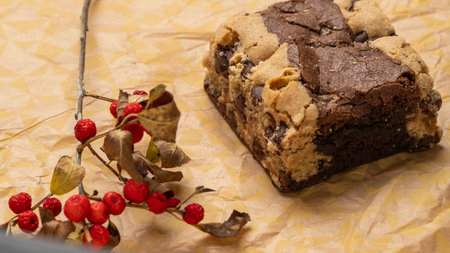 Chocolate brownie on crumpled paper with berries and leavesの写真素材