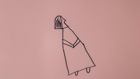 drawing of a girl in a long dress on a pink backgroundの写真素材