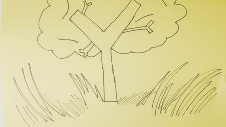 Drawing of a tree in the meadow on a white backgroundの写真素材