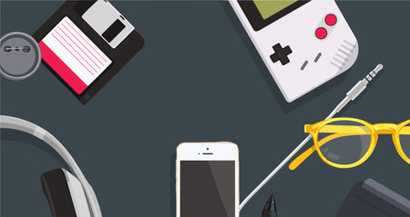 vector illusion of work table with tablet smart phone and other office itemsのイラスト素材