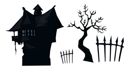 Halloween vector art of horror tree, house and gate .Halloween illustrationsのイラスト素材