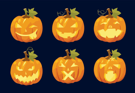 set of Halloween vector art of a pumping with face .different emotionsのイラスト素材