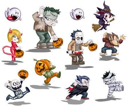 set of Halloween vector art of a characters demon girl skeleton guy pumpkin head Frankenstein Dracula mummy guyのイラスト素材