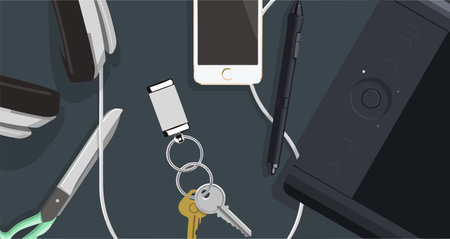 vector illusion of work table with tablet smart phone and other office itemsのイラスト素材