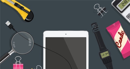 vector illusion of work table with tablet smart phone and other office itemsのイラスト素材