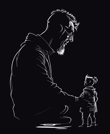 happy father with children happy fathers day. vector art. black and whiteのイラスト素材