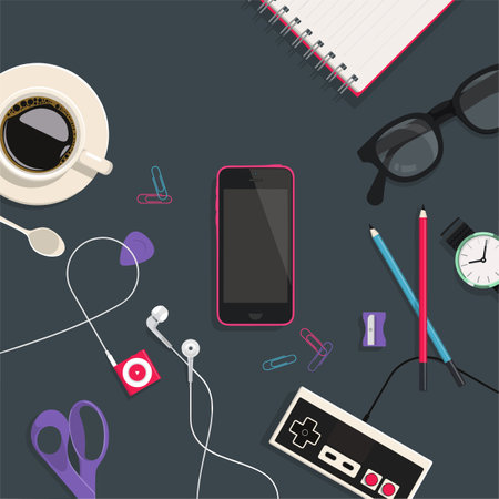 vector illusion of work table with tablet smart phone and other office itemsのイラスト素材