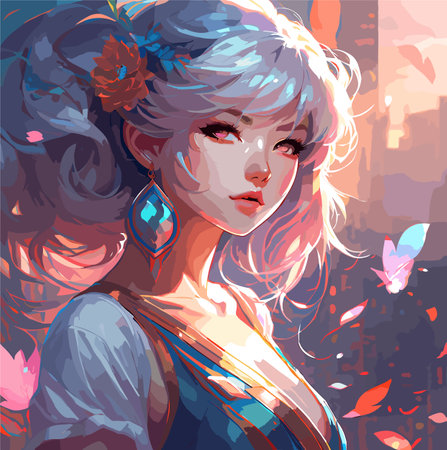 beautiful women portrait with flowers vector art wallpaper in colorful backgroundのイラスト素材