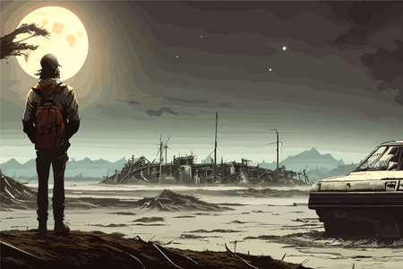 man with travel bag looking at away of sea. island in sea. best for travelingのイラスト素材