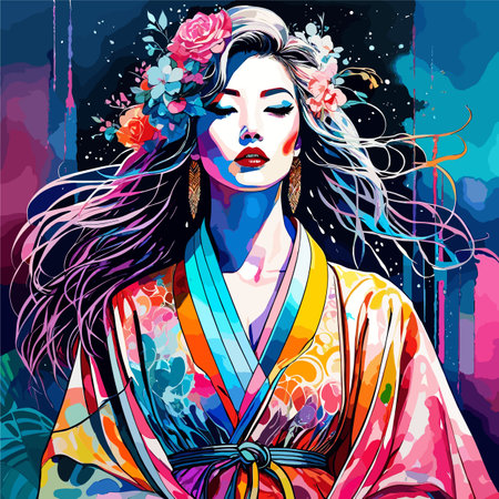 beautiful women portrait with flowers vector art wallpaper in colorful backgroundのイラスト素材