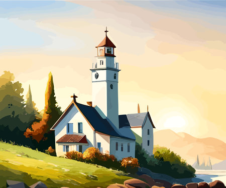 vector art of watercolor Christian church near a lake.のイラスト素材